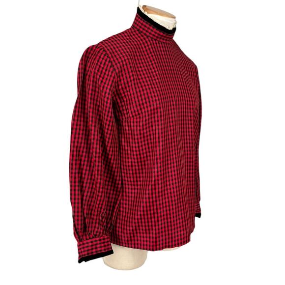 Vintage High Collar Taffeta Gingham Blouse Coquette Prairie Edwardian Medium - Picture 2 of 14